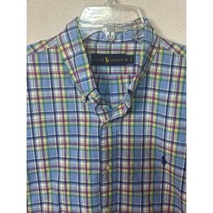 Ralph Lauren Mens XL Short Sleeve Plaid Button Down Shirt Blue Green Multi Color